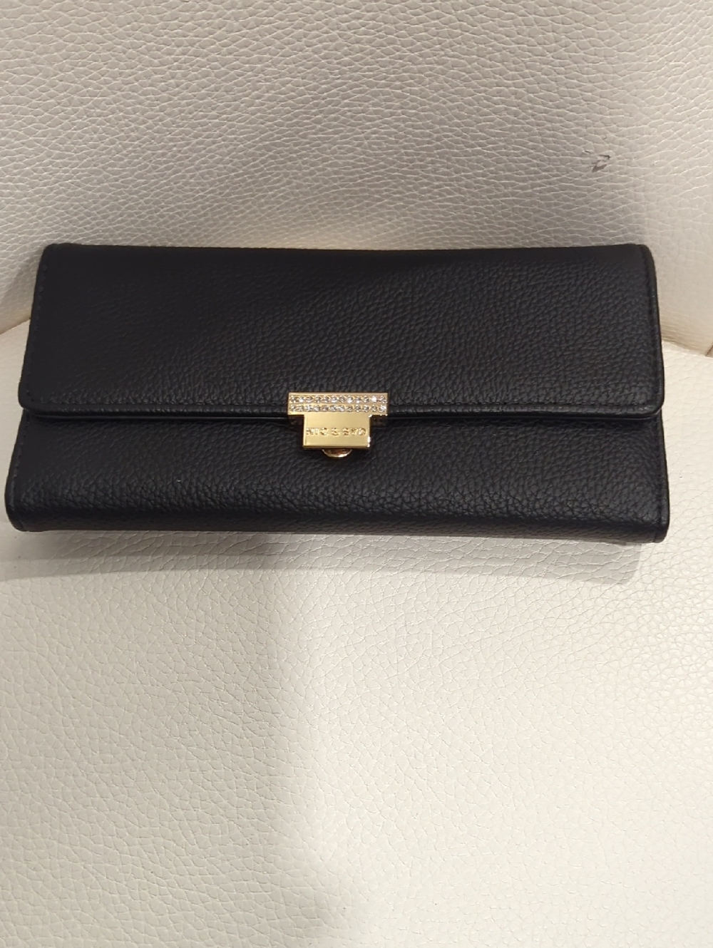 Classic Black Wallet with Crystal and Gold Accent